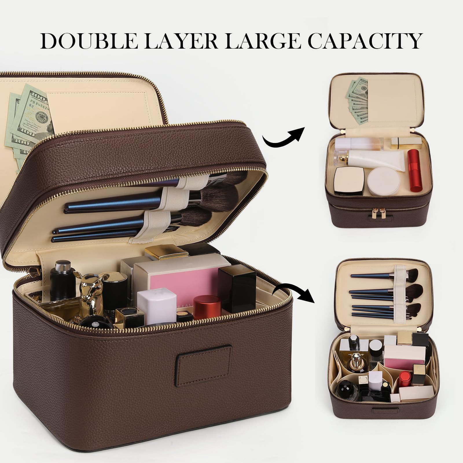 Luxury Bags Leather - Большая двухслойная люксовая косметичка для путешествий